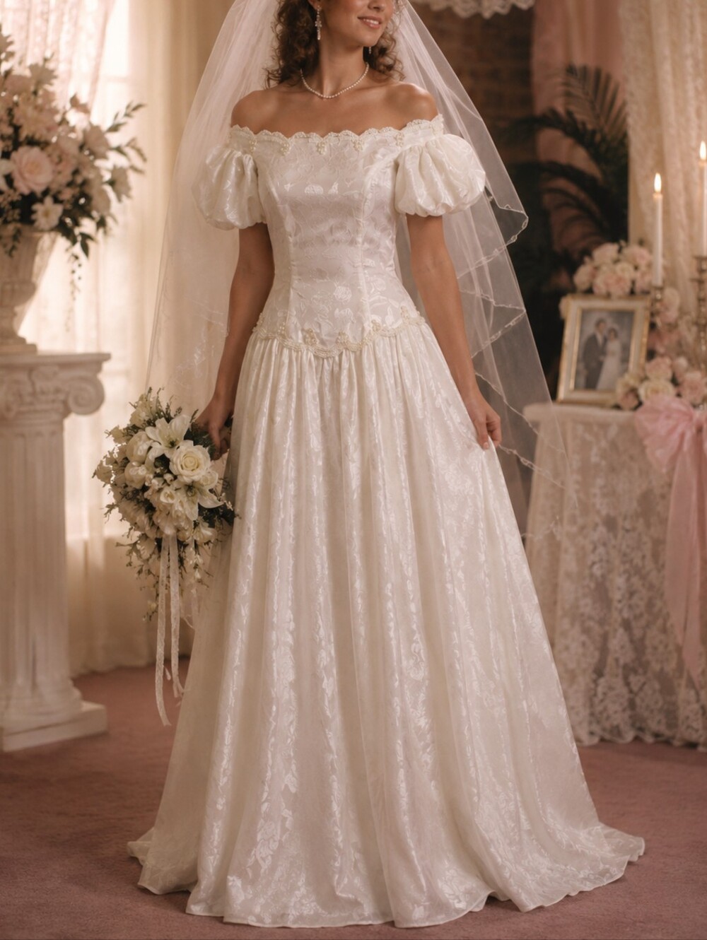 Unbranded Vintage 80s 90s White Jacquard satin regency style Wedding Dress sz 6